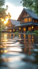 Fototapeta premium Sun sets on a modern wood home near water, reflecting the golden light, surrounded by trees