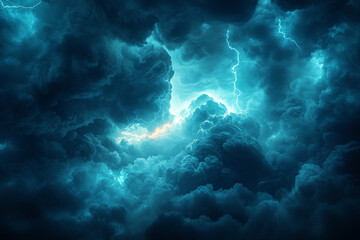 Fototapeta premium dramatic scene of lightning striking through dark, swirling clouds, creating intense and atmospheric display. contrast of light and shadow evokes sense of power and awe