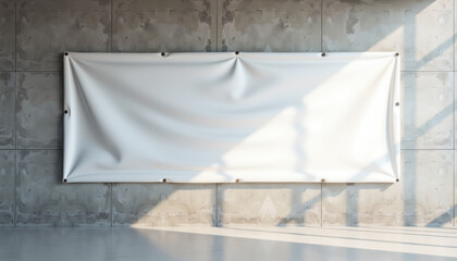 Horizontal banner mockup. White canvas banner mockup on tiled surface with shadow overlay
