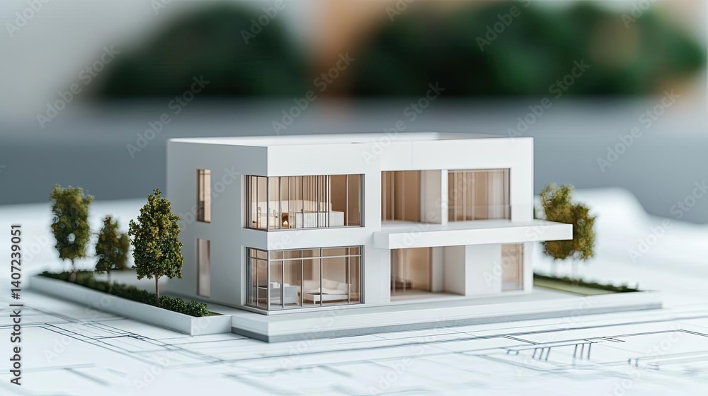 Poster building house on blueprint highlighting dwelling and project concept. a miniature model of a modern