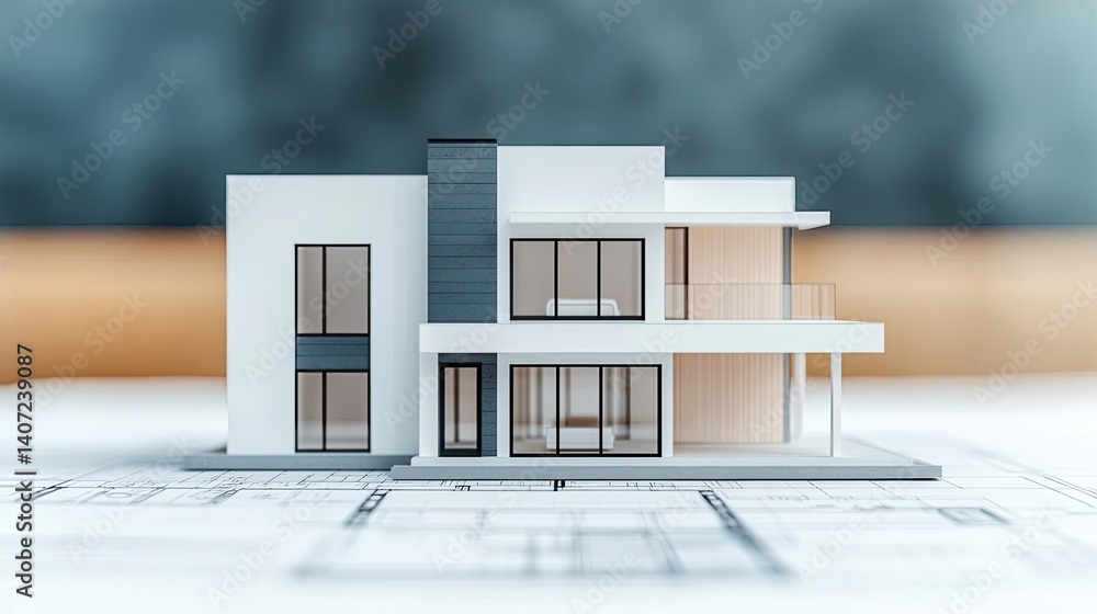 Poster building house on blueprint highlighting dwelling and project concept. modern architecture model sho