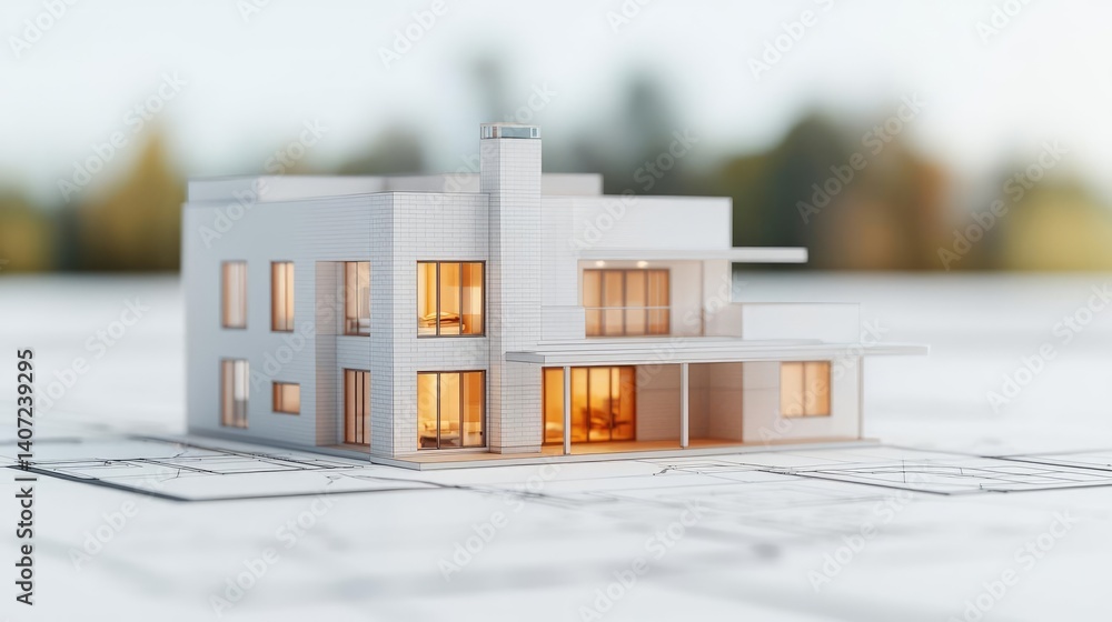 Poster building house on blueprint with dwelling and plan concept. modern architecture model showcasing lig