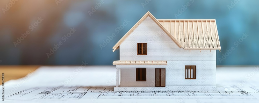 Poster building house on blueprint highlighting dwelling and project concept. model house on blueprint, sho