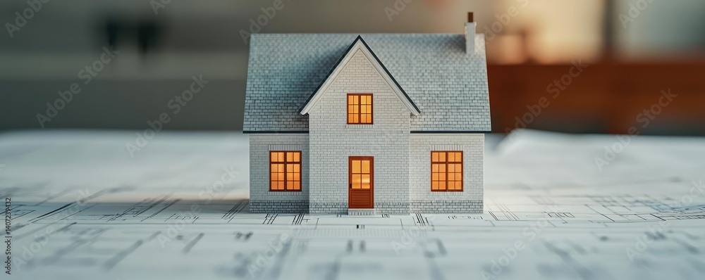 Poster building house on blueprint highlighting dwelling and project concept. miniature house model on arch