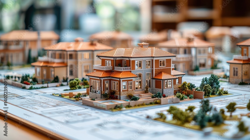 Poster building house on blueprint highlighting dwelling and project concept. detailed architectural model 