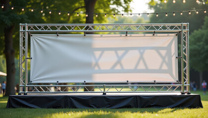 Horizontal banner mockup. Large blank horizontal banner mockup on outdoor stage with spotlight