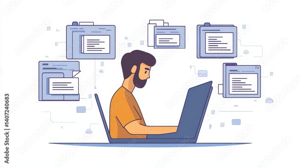 Poster e-invoices and online digital statements are concepts used by businessmen with computers and laptops