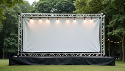 Horizontal banner mockup. Empty event banner on truss structure in green park with lighting