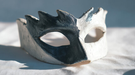 Close up of a black and white mask with jagged edges sitting on a white textured surface lit by sunlight