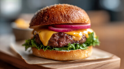 A delicious burger with cheese, red onion, and lettuce on a wooden board ready to be eaten