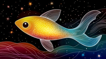 Glowing fish swimming in a colorful starry night sky