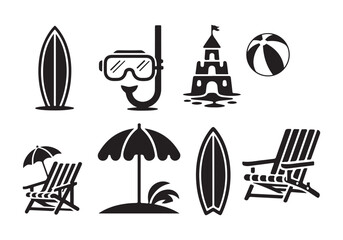 Vector icons of summer beach activities including surfboard, snorkeling, umbrella, and beach chair.