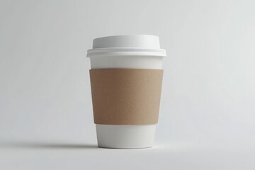 Paper coffee cup with kraft sleeve on blue background for branding, cafe ads and takeaway packaging