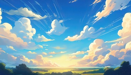 Animestyle Cartoon Blue Sky with Glowing Sun, Fluffy Clouds Vibrant Artistry Radiant Sunny Day Masterpiece Perfect for Digital Art, Home Decor, or Design Inspiration