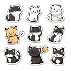 A collection of nine cartoon cat illustrations in various colors and poses, perfect for stickers or decorations.