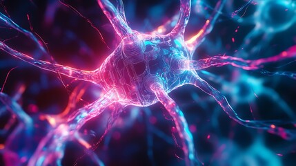 Digital ai chip with transparent neon layers and energy pulses forming intricate pathways