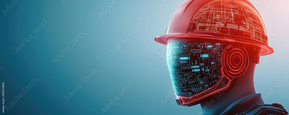 Poster digital construction helmet focusing on glowing data points and construction concept. futuristic wor
