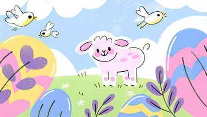 Fototapeta premium Playful lamb with birds surrounded by colorful Easter eggs 
