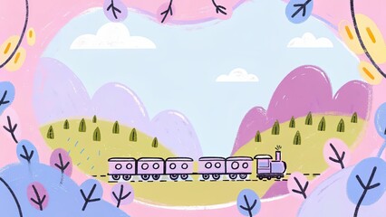 Whimsical Train Journey Through Colorful Landscape  