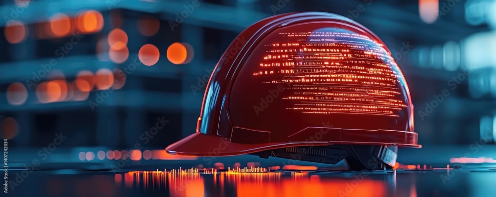 Poster digital construction helmet focusing on glowing data points and construction concept. a close-up of 