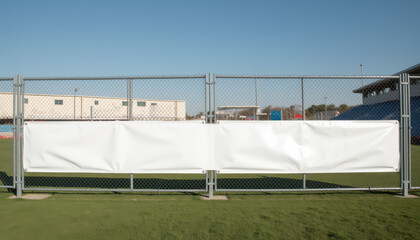 Horizontal banner mockup. Empty advertising banner on wire fence by green football field