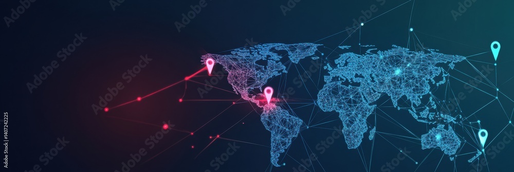 Aufkleber stylized world map with location pins and abstract lines connecting major cities in a flat design