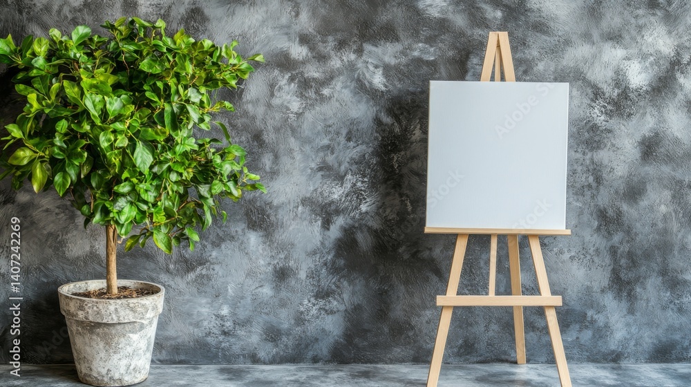 Aufkleber A blank white canvas stands prominently on an easel in a minimalistic room filled with neutral tones, complemented by a green potted plant for texture