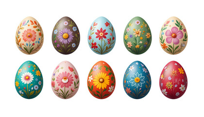 collection of colourful hand painted decorated easter eggs on white background cutout file