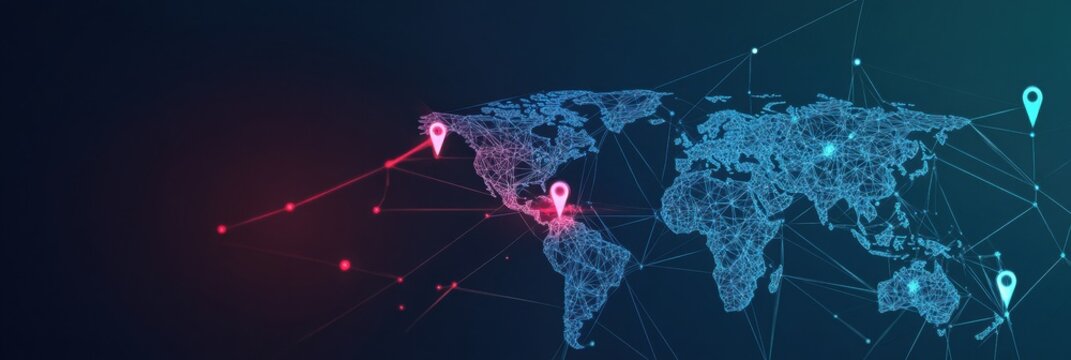 Stylized world map with location pins and abstract lines connecting major cities in a flat design