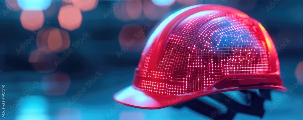 Poster digital construction helmet under glowing data points and labor concept. close-up of a illuminated s