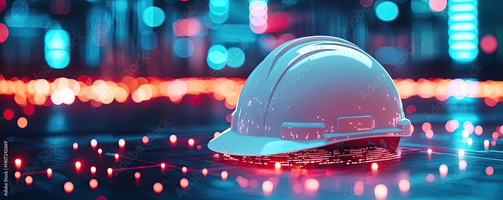 Poster digital construction helmet under glowing data points and labor concept. a glowing hard hat on the f