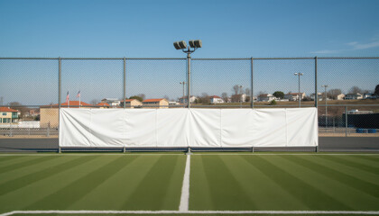 Horizontal banner mockup. Large blank horizontal banner mockup on sports field fence with sky
