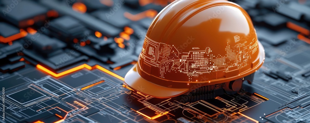 Poster digital construction helmet with glowing data points and blueprint concept. construction hard hat on