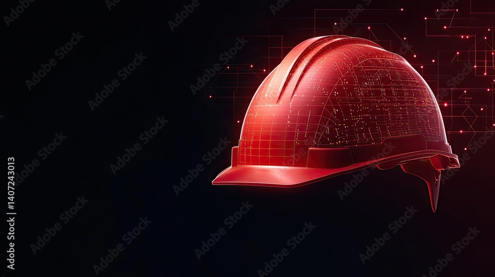 Poster digital construction helmet focusing on glowing data points and construction concept. red hard hat w