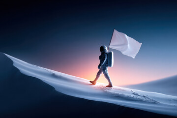 Fototapeta premium A Silhouette of astronaut holding white flag on lunar like surface during sunrise, evoking hope and exploration