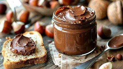 Thick chocolate spread on a slice of bread surrounded by assorted nuts creates a perfect breakfast moment