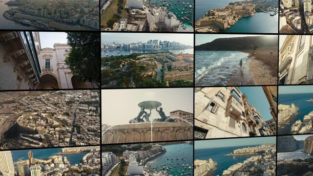 Church Spires and Cultural Heritage of Malta captured in a cinematic collage of Maltas architecture, coastlines and heritage. A dynamic visual journey through iconic landscapes and cities.