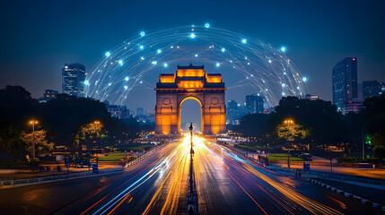 India gate illuminated by digital network at night, symbolizing urban connectivity in new delhi
