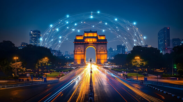 India gate illuminated by digital network at night, symbolizing urban connectivity in new delhi