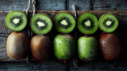 Halved kiwi fruits on rustic wooden background
