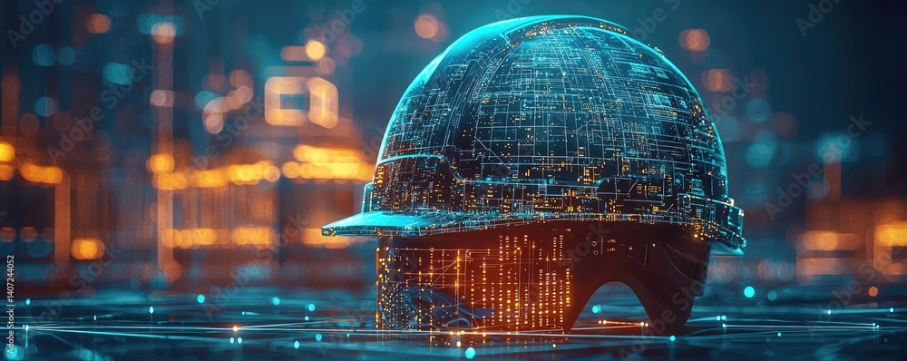 Poster digital construction helmet focusing on glowing data points and construction concept. futuristic con