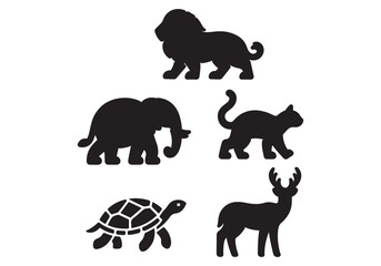 Vector icons of various animals including lion, elephant, cat, turtle, and deer in black silhouette.