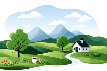 Obraz premium Serene Landscape Illustration White House in Green Valley with Mountains