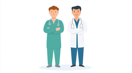 Two cartoon doctors stand confidently, one in green scrubs and other in white coat, both with stethoscopes around their necks. They exude professionalism and friendliness