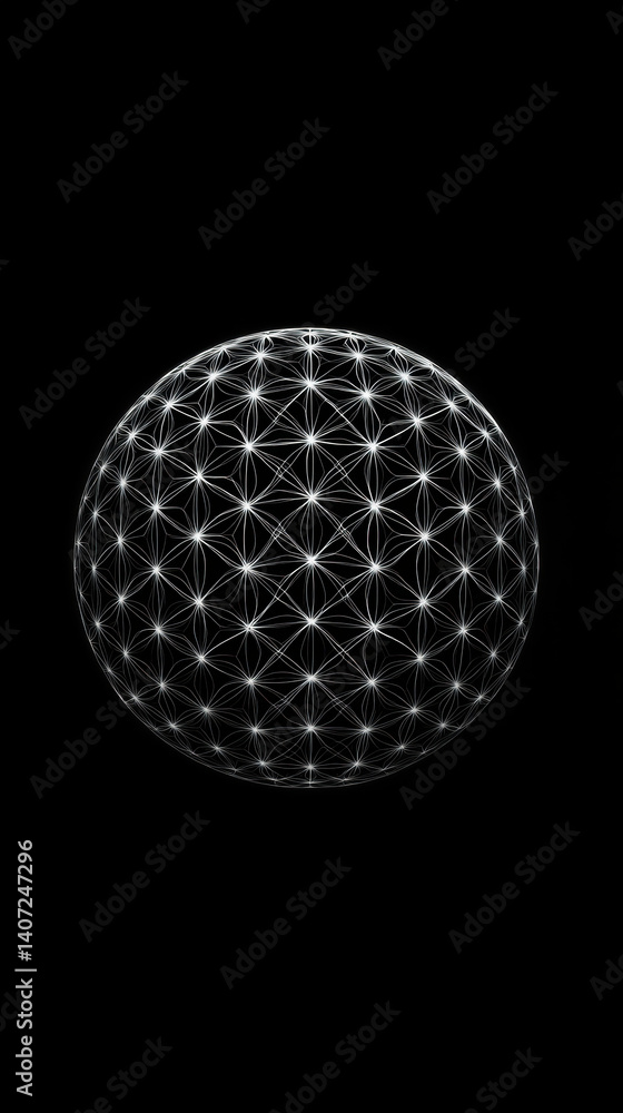 Poster glowing sphere of intricate, minimalist sacred geometry art is set against black background, creatin