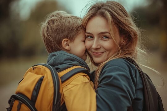 A mother hugs her young son on the way to school, and a mother and boy say goodbye before school. Concept of education and training, return to school