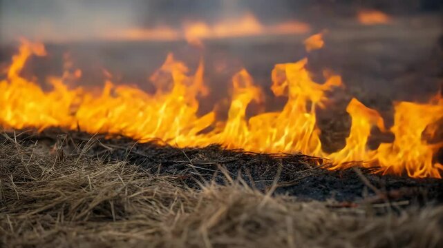 Climate change temperature increase concept. A close-up of flames consuming dry straw, creating an intense and vibrant visual of fire in a natural setting.