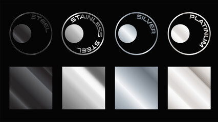 Stainless steel, silver and platinum texture gradation swatch set. Vector aluminum elegant, shiny and metalic gradient template for border design, frame, ribbon, label. Titanium, iron metal background