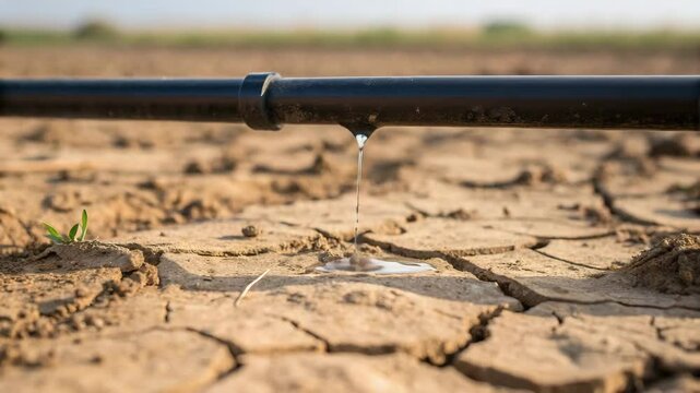 Climate change temperature increase concept. A black irrigation pipe drips water onto cracked, dry soil with a small green sprout visible.