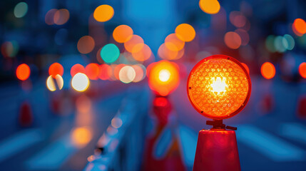 Road construction barricade with orange warning lights and traffic cones
